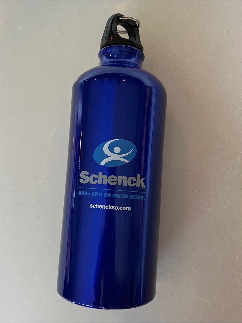 Stainless Steel Water Bottle 22 Oz with Screw Top Blue + Schenck Logo